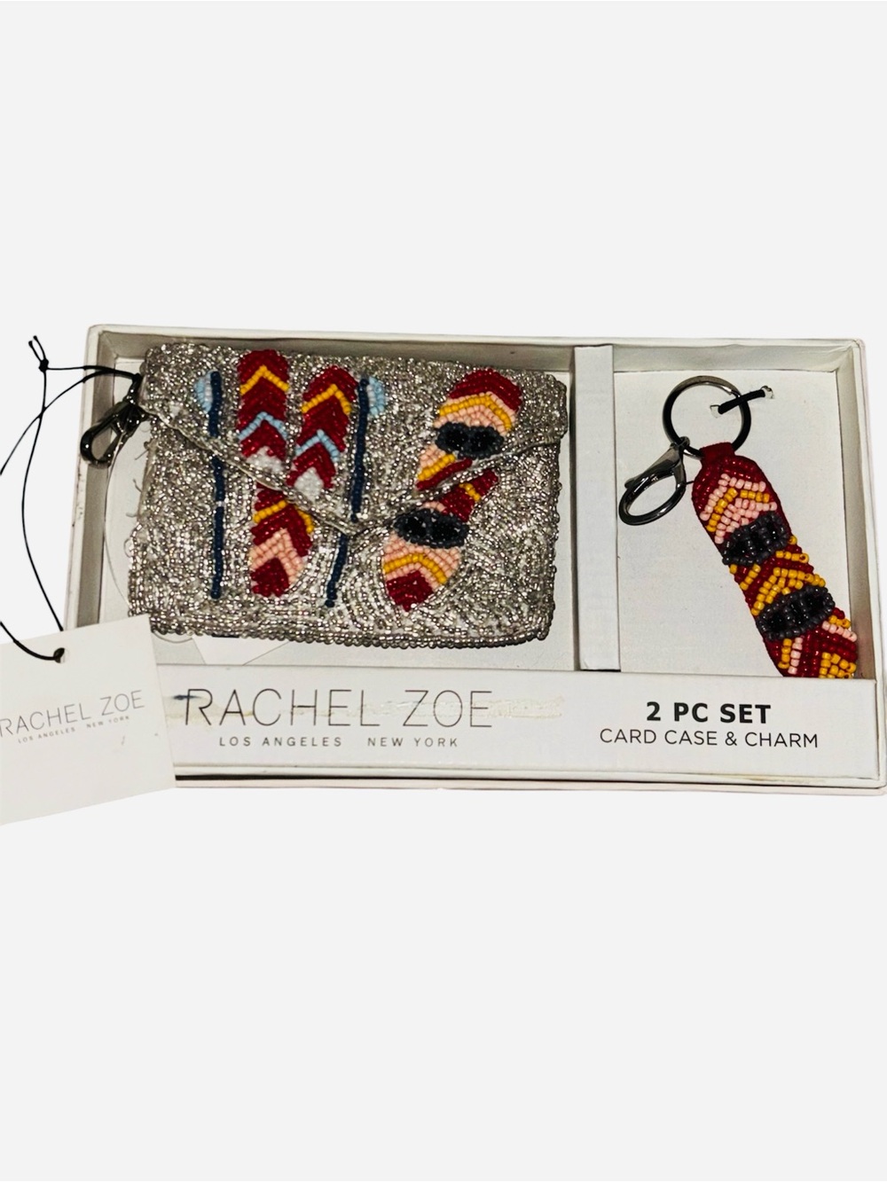 Rachel Zoe Ski Silver Beaded Card Case with Red, Yellow & Black Bead Charm NIB - Picture 5 of 5